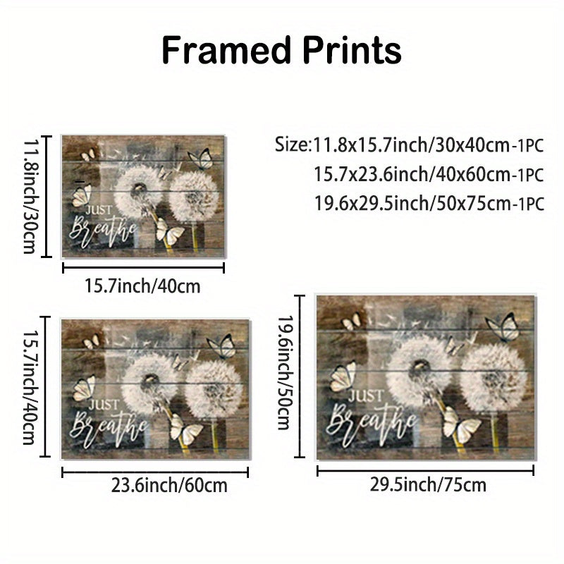 Rustic Wall Art: Just Breathe Quotes Poster with Dandelion
