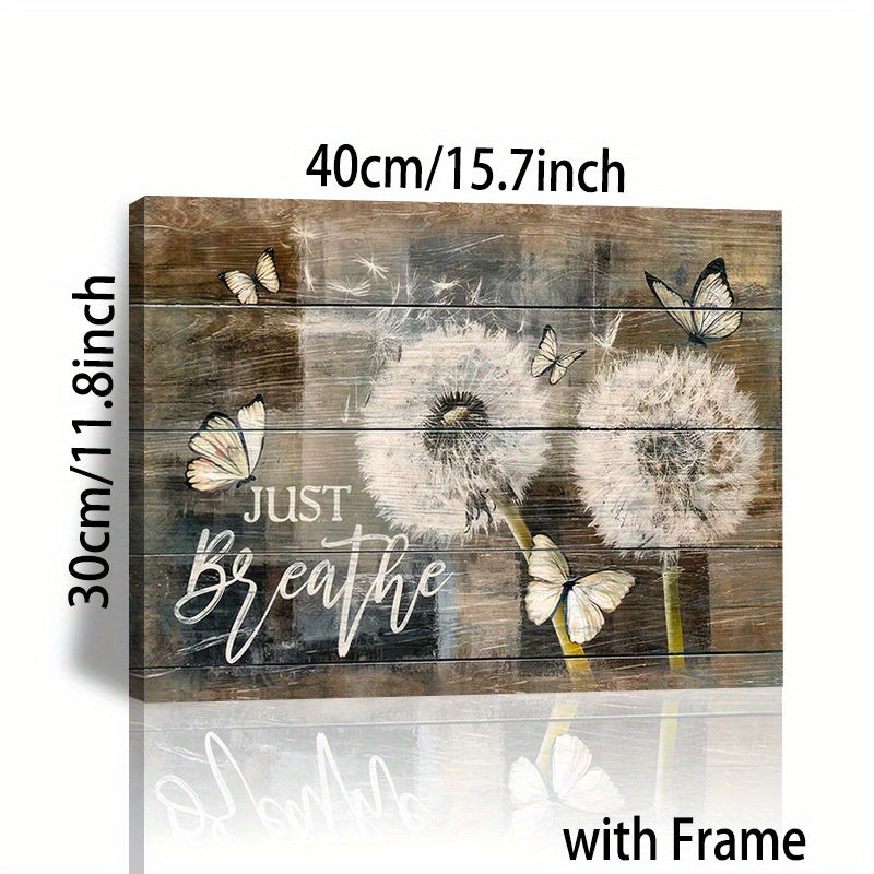 Rustic Wall Art: Just Breathe Quotes Poster with Dandelion