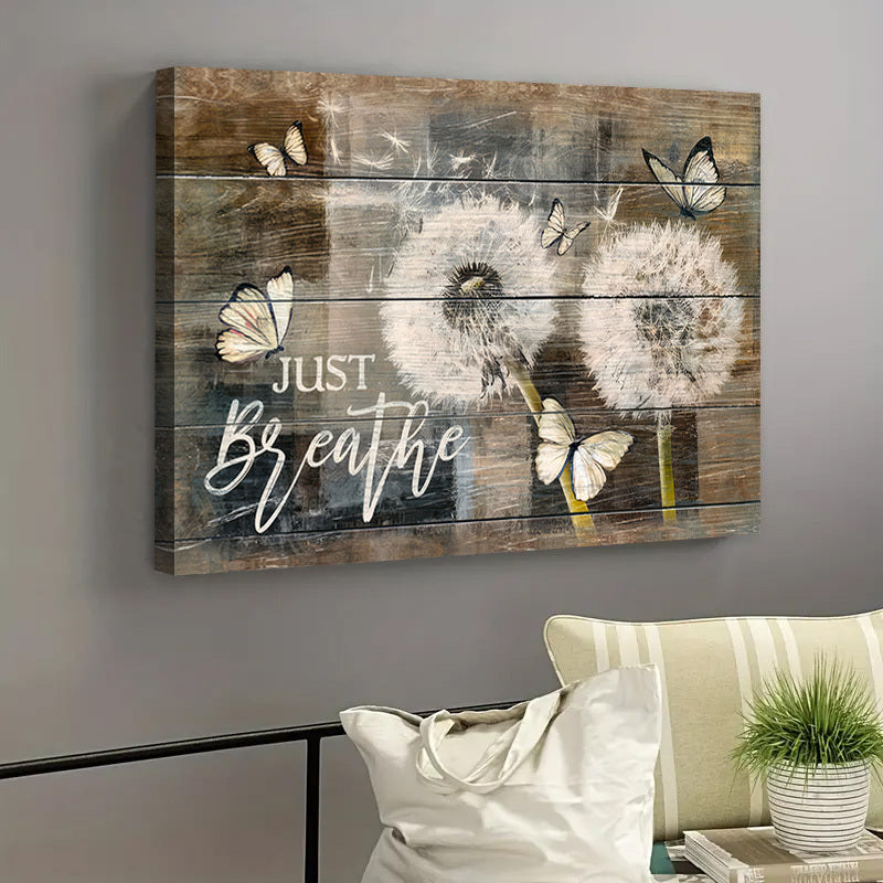 Rustic Wall Art: Just Breathe Quotes Poster with Dandelion