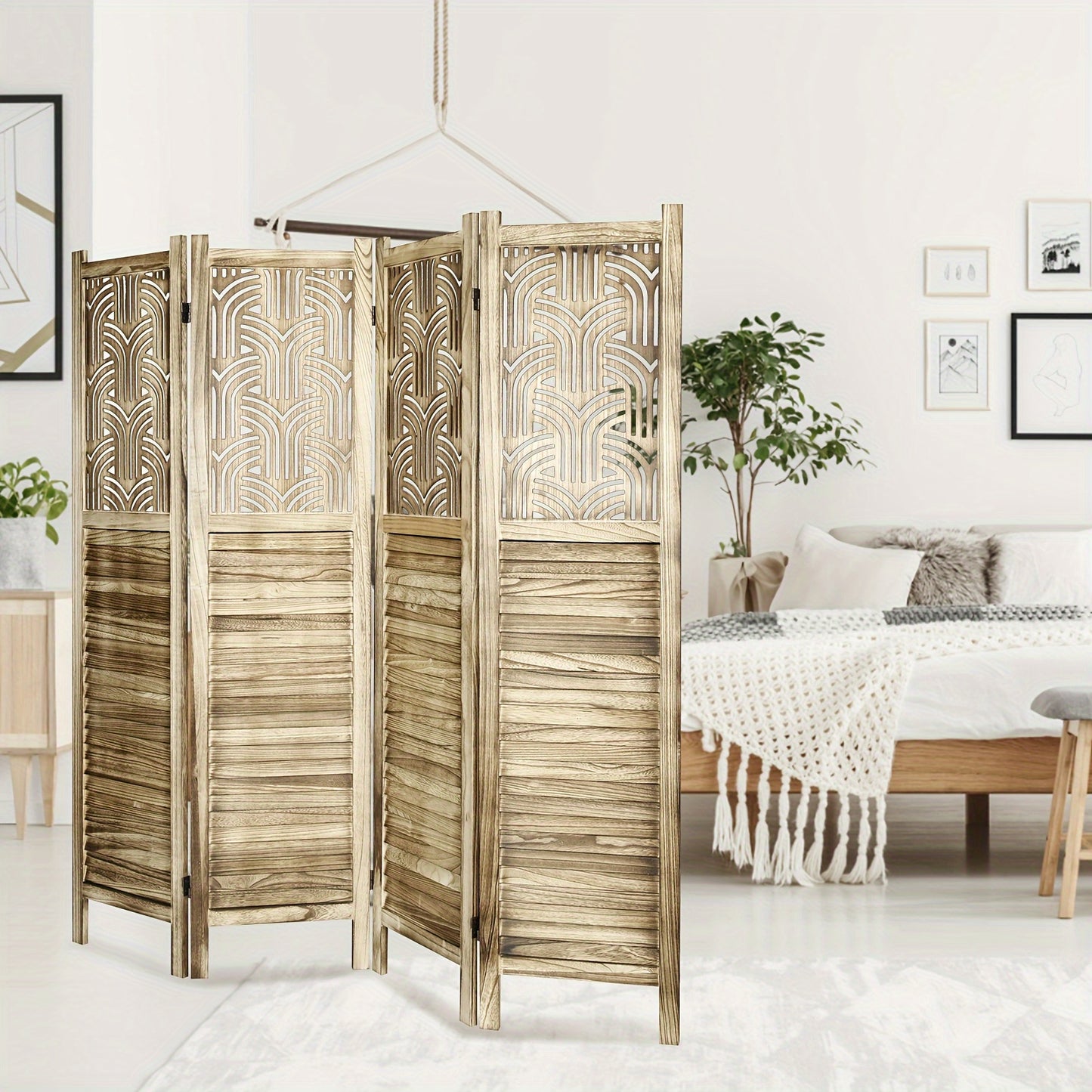 Classic 4-Panel Wooden Room Divider, Privacy Screen