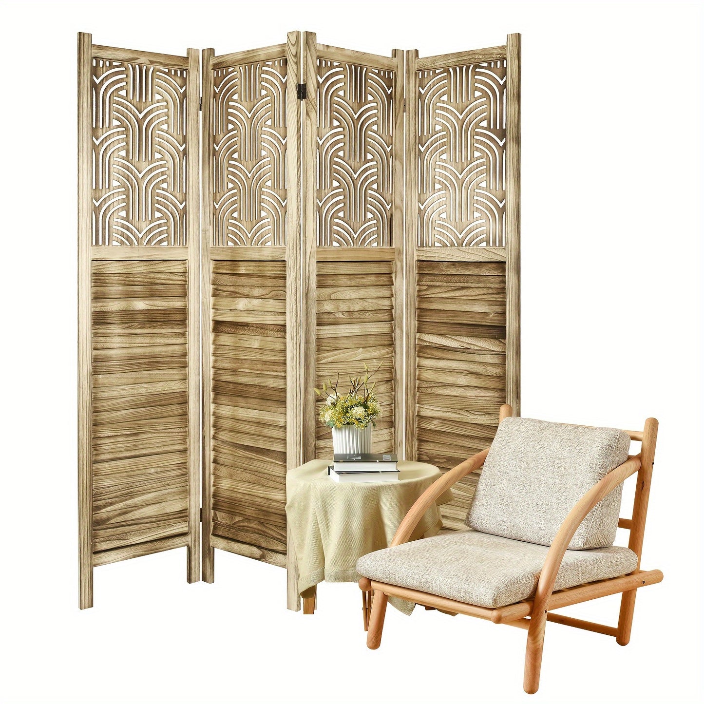 Classic 4-Panel Wooden Room Divider, Privacy Screen
