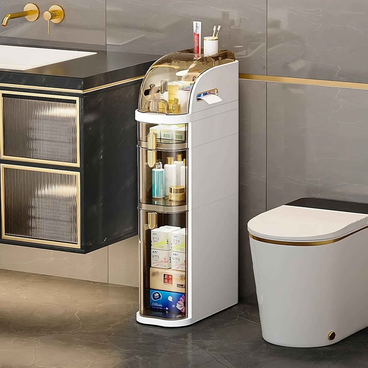 3 Tier 7" Narrow Tall Bathroom Floor Storage Cabinet With Clear Drawers