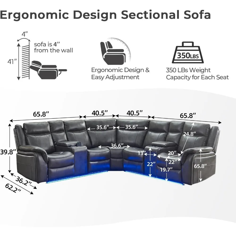 Power Recliner Sectional Sofa Couches with LED Light