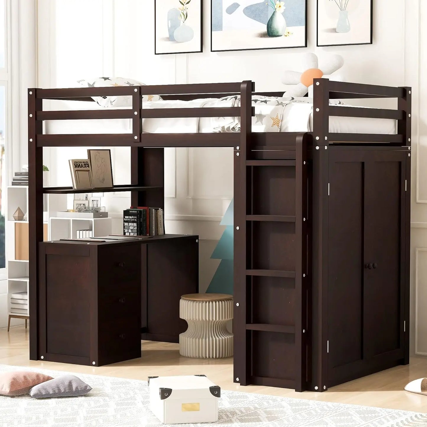 Twin Loft Bed with Desk and Wardrobe