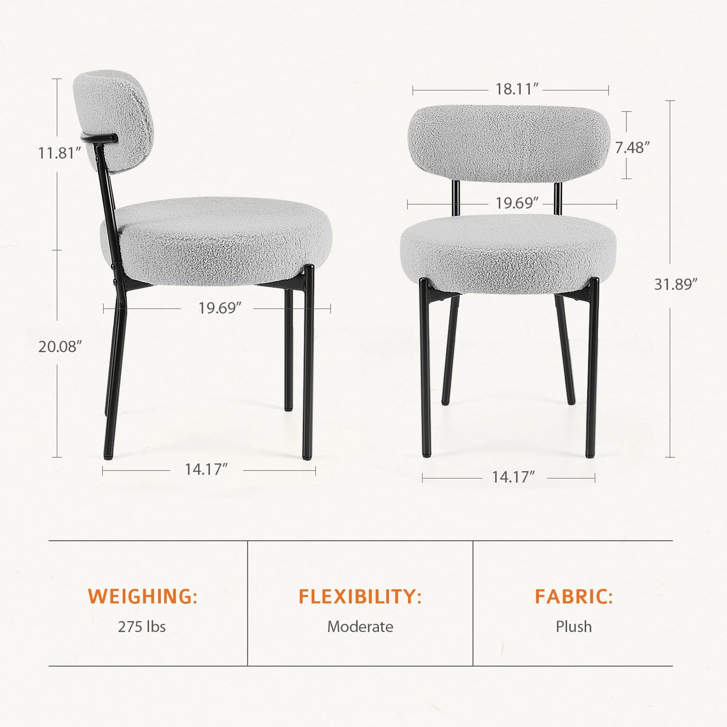 Round Dining Chairs Set of 2 with Curved Backrest Metal Legs