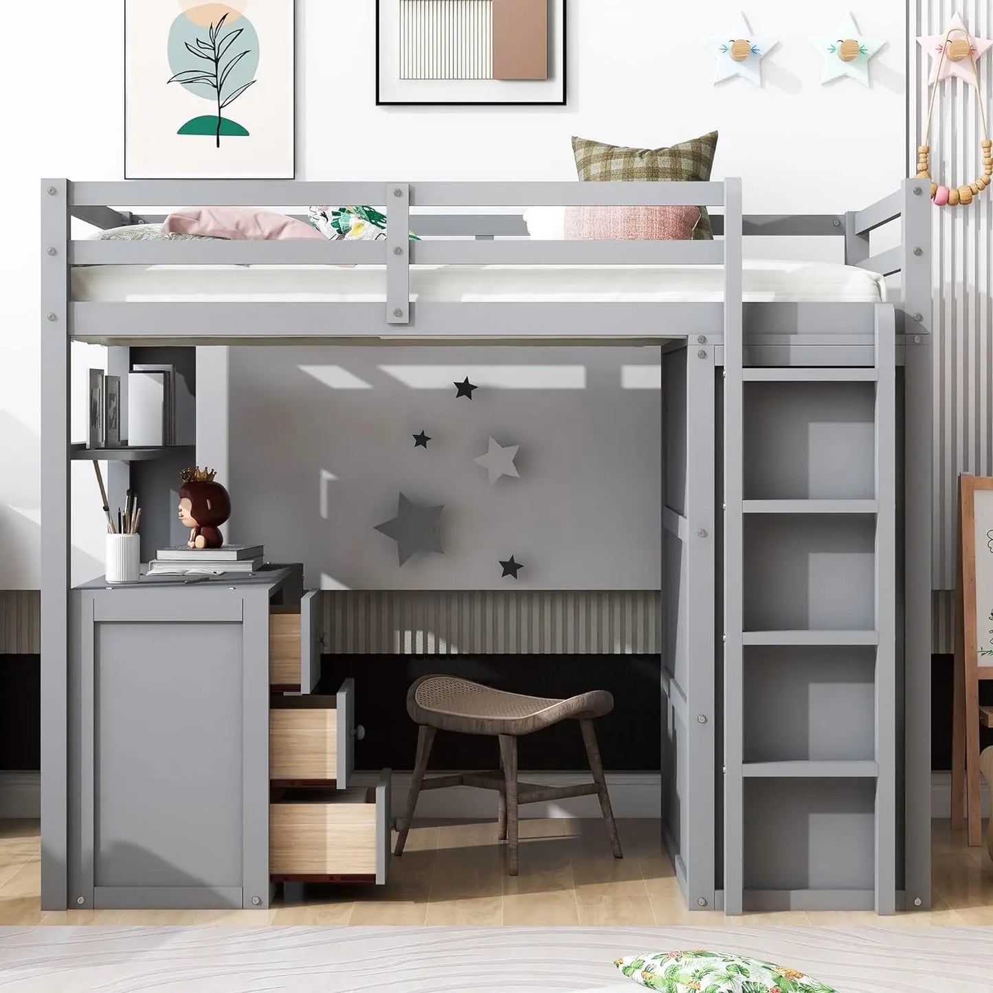 Twin Loft Bed with Desk and Wardrobe