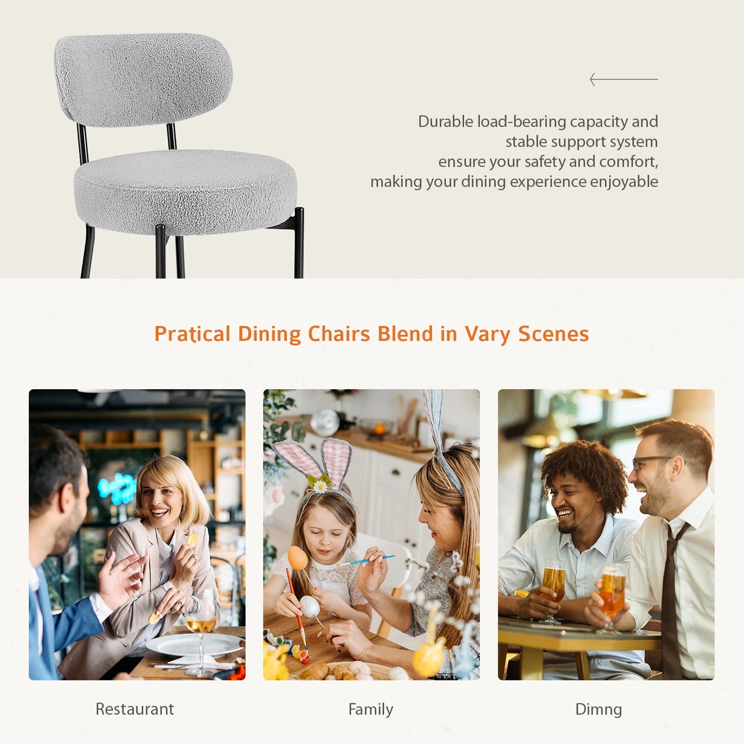 Round Dining Chairs Set of 2 with Curved Backrest Metal Legs