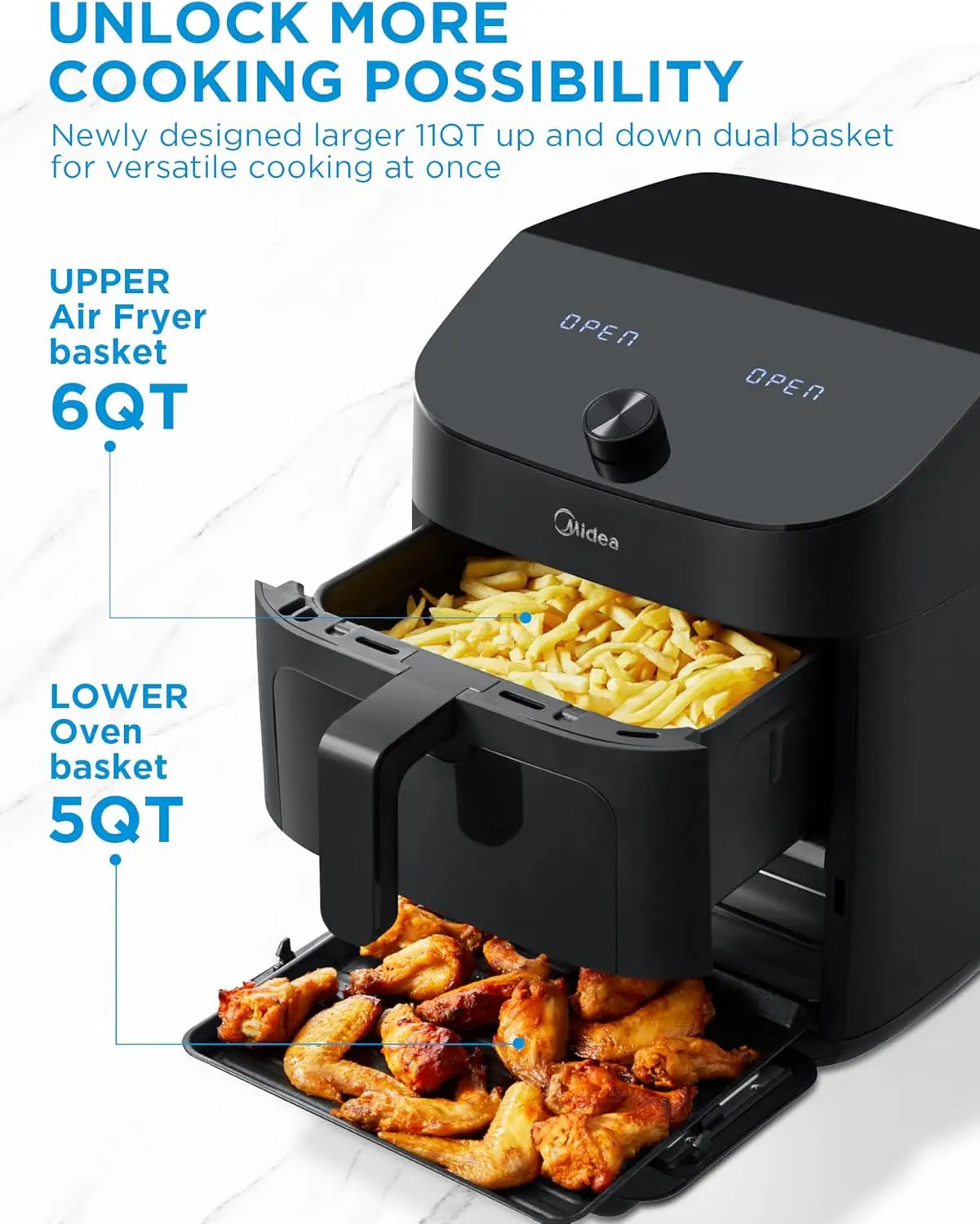 Dual Basket Air Fryer Oven 11 Quart 8 in 1 Functions Clear Window