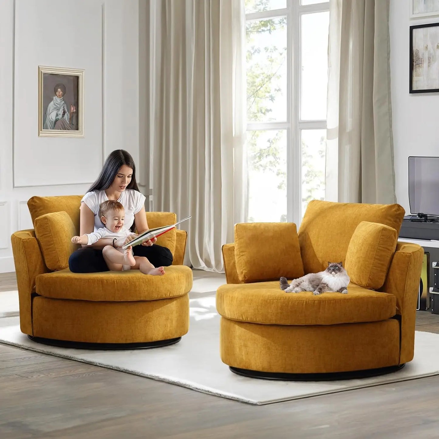 Swivel Barrel Chair Set of 2, 40'' W Chenille Round
