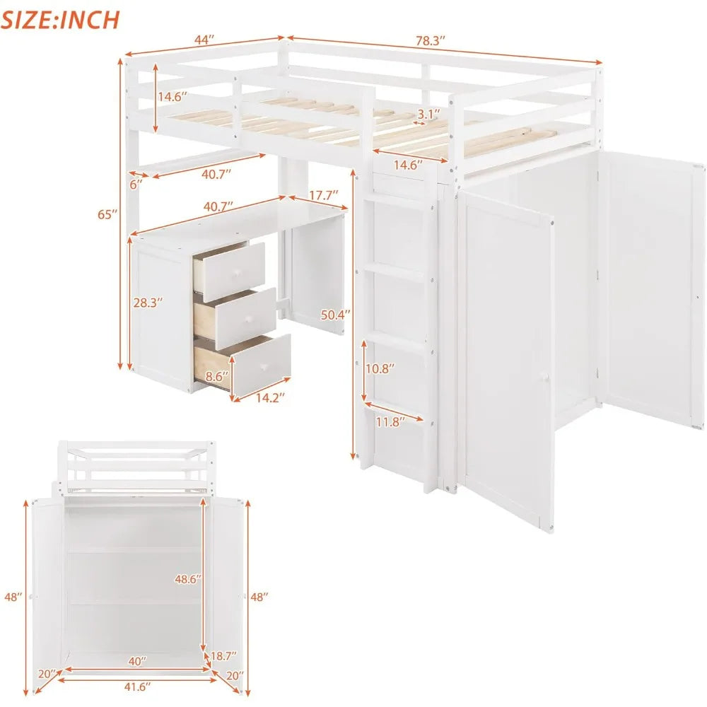 Twin Loft Bed with Desk and Wardrobe