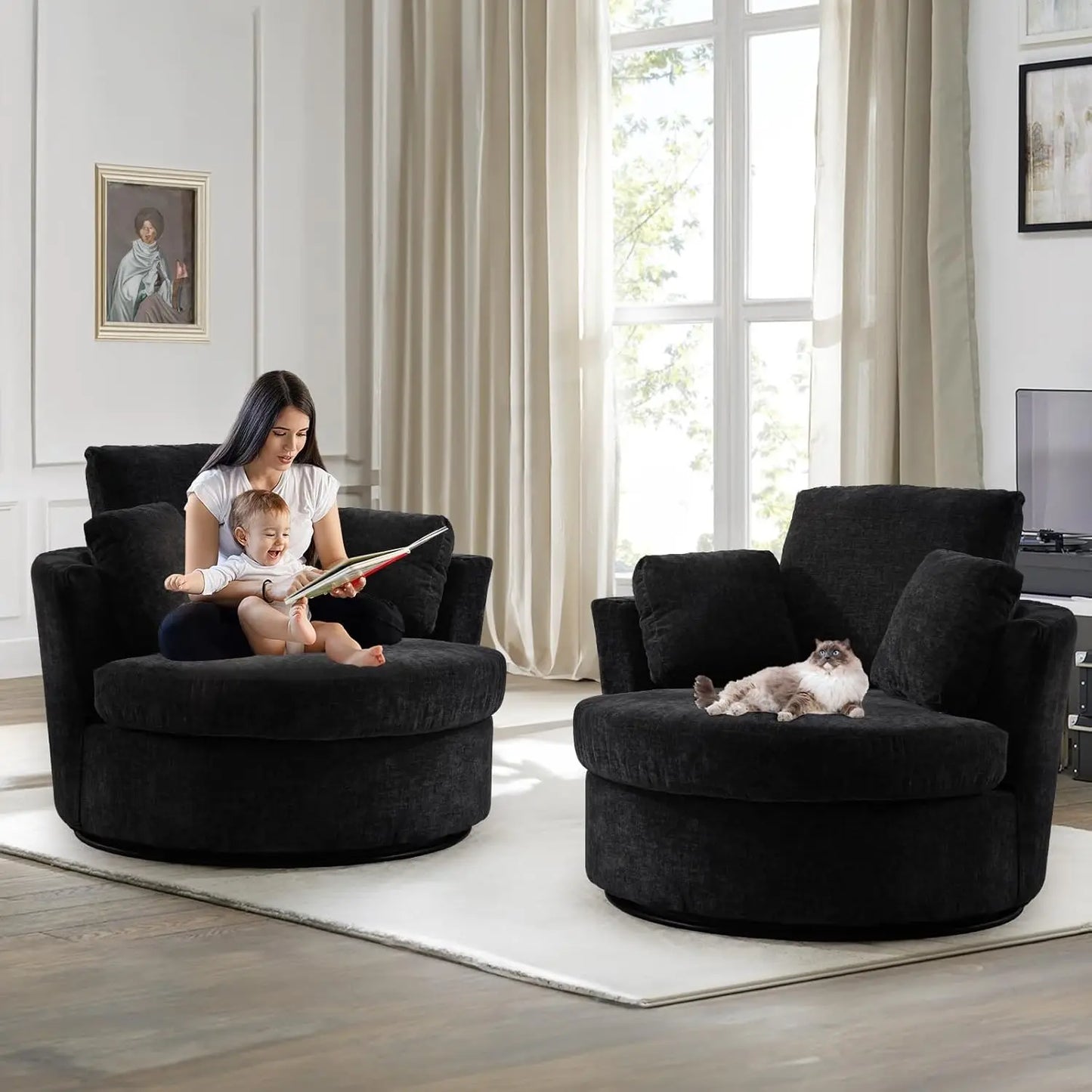 Swivel Barrel Chair Set of 2, 40'' W Chenille Round