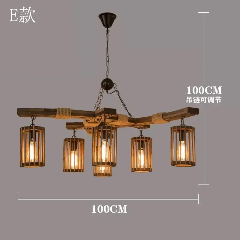 6 Light Retro Industrial Style Farmhouse Chandelier Ceiling Fixture Wood