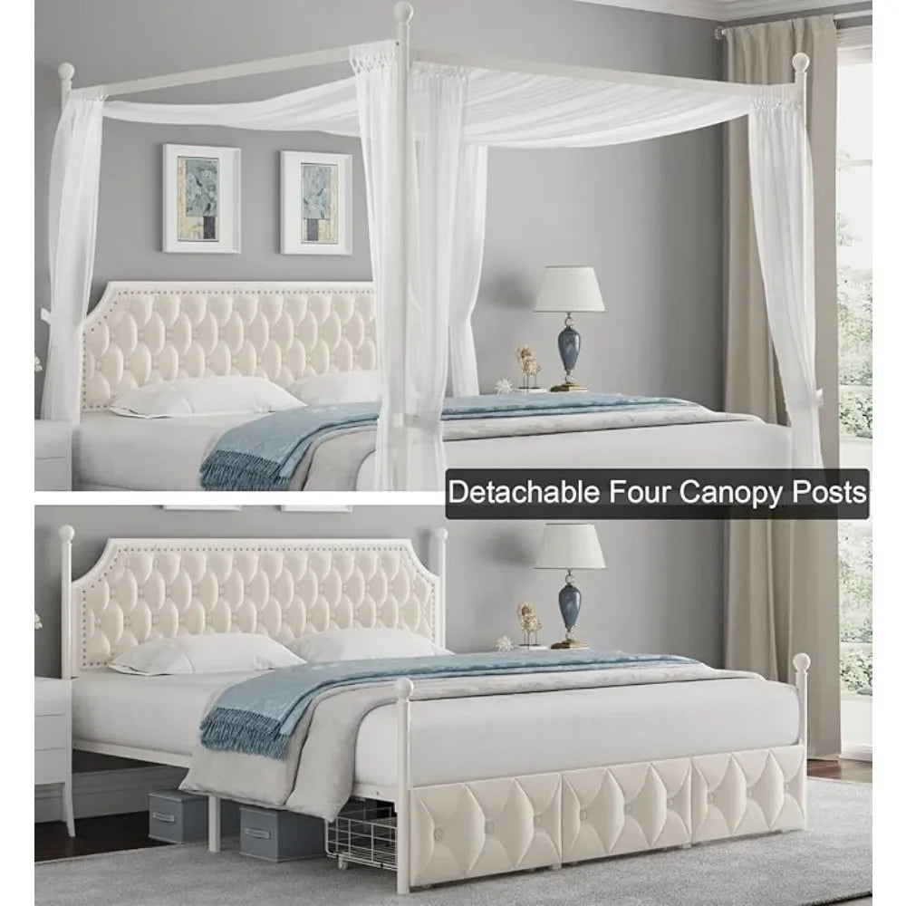 King Level Fabric Canopy Bed Frame with 3 Drawers and Button Stitched Headboard