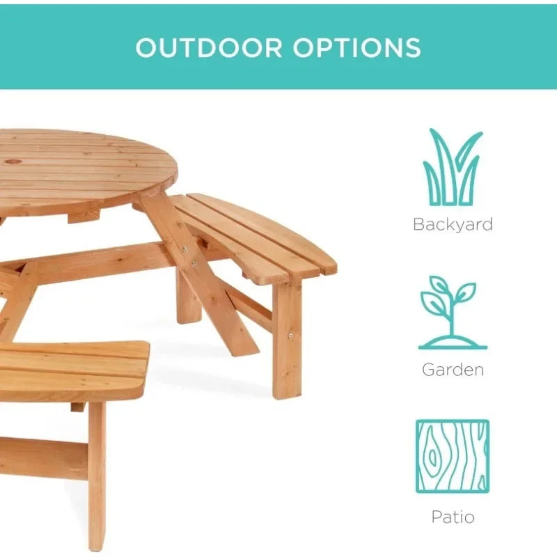 6-Person Circular Outdoor Wooden Picnic Table for Backyard