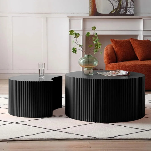 Nesting Coffee Table Set of 2, Matte Black Round Wooden