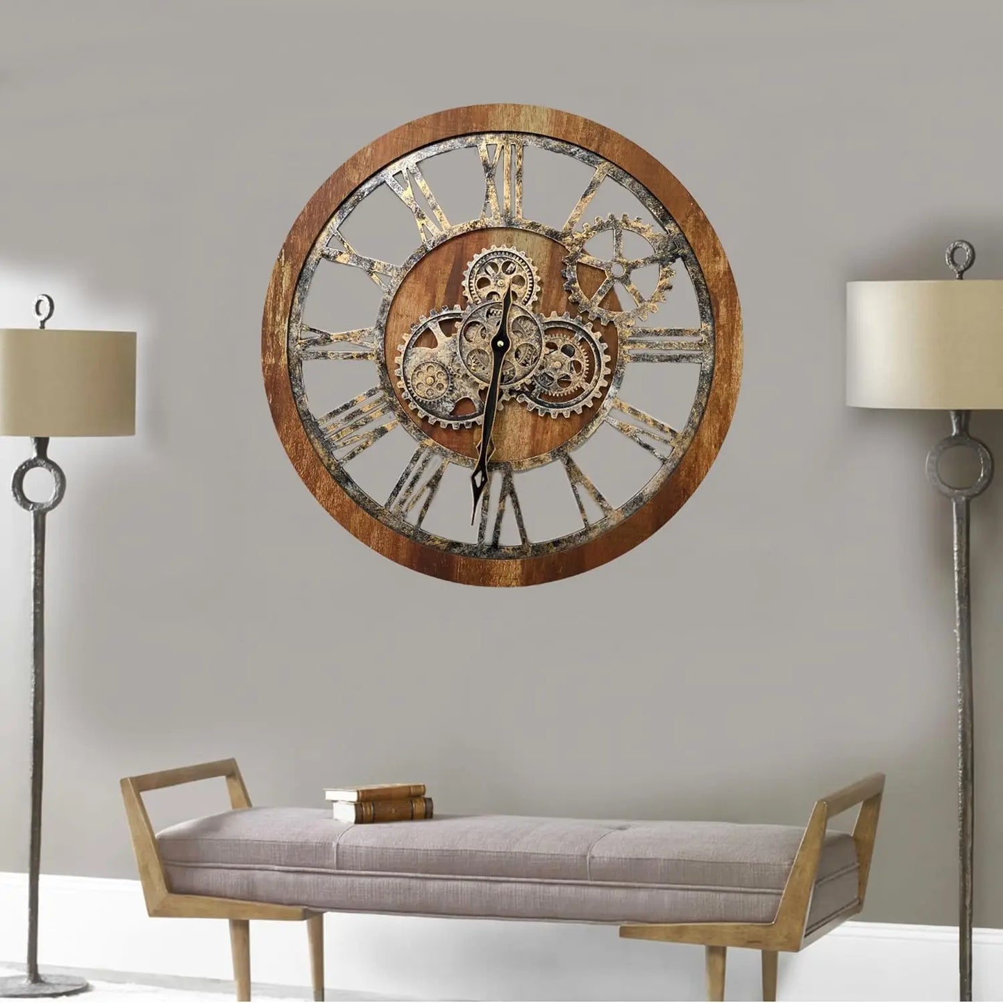 Real Moving Gear Wall Clock Vintage Over sized Rustic Farmhouse