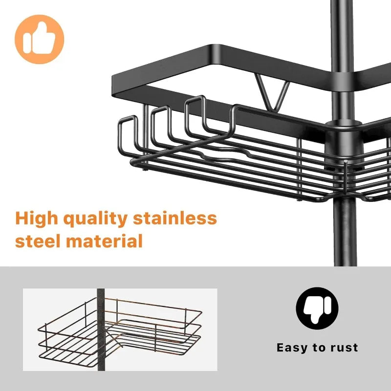 Angle Shower Caddie Tension Rod - Shower Tension Rod Organizer, Floor To Ceiling Shower Caddie 25-114.2 Inches