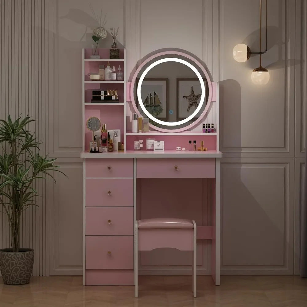 Vanity Desk Set with LED Lighted Round Mirror