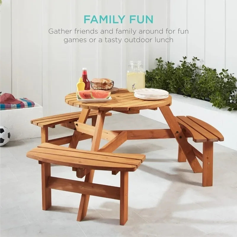 6-Person Circular Outdoor Wooden Picnic Table for Backyard