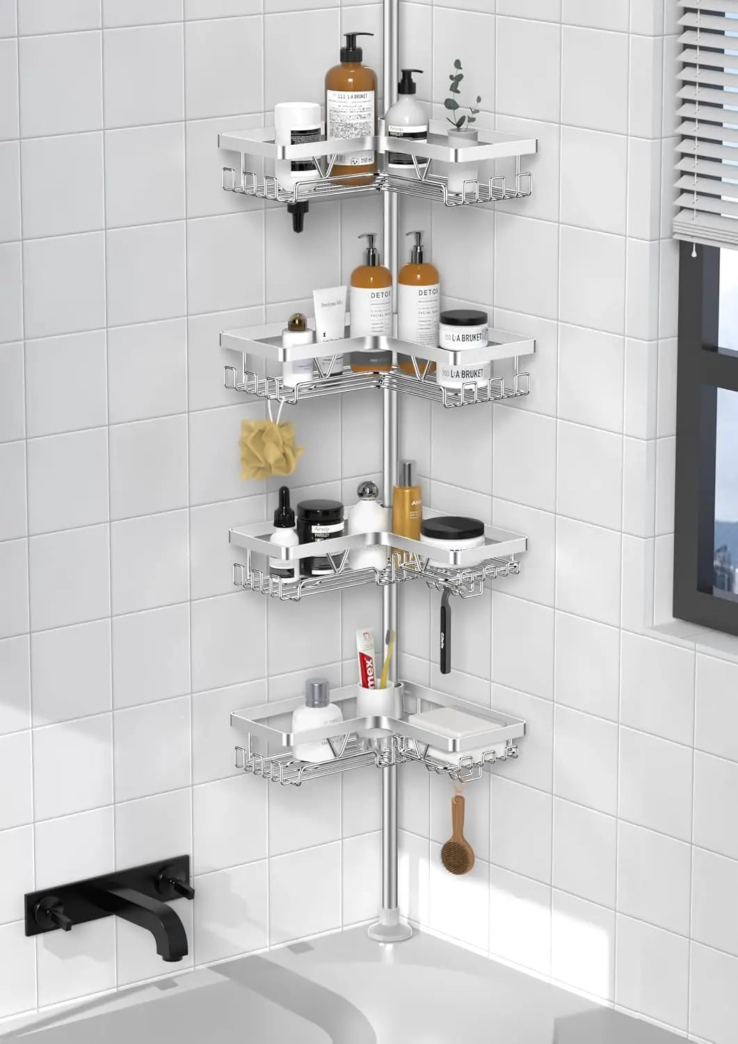 Angle Shower Caddie Tension Rod - Shower Tension Rod Organizer, Floor To Ceiling Shower Caddie 25-114.2 Inches