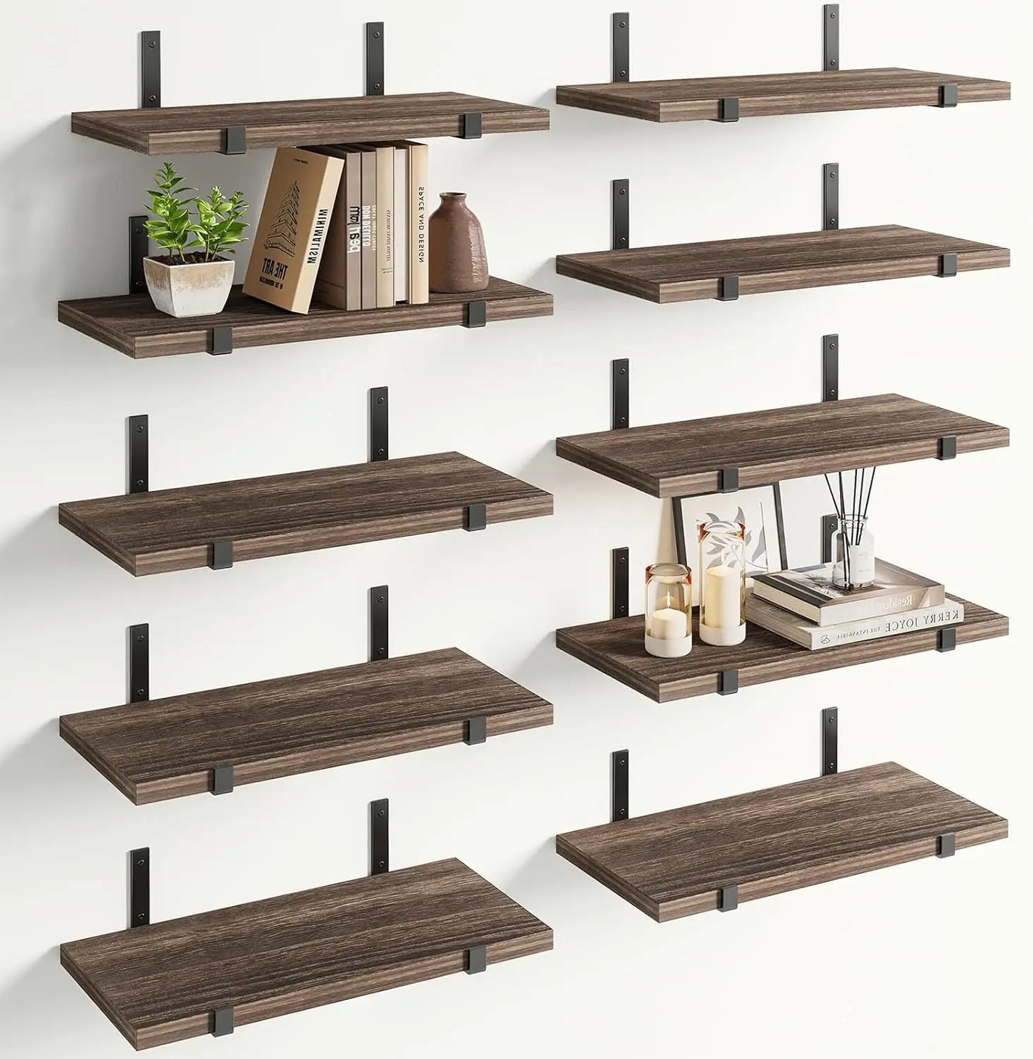 Set of 10, Rustic Wood Farmhouse Wall Mounted Shelves