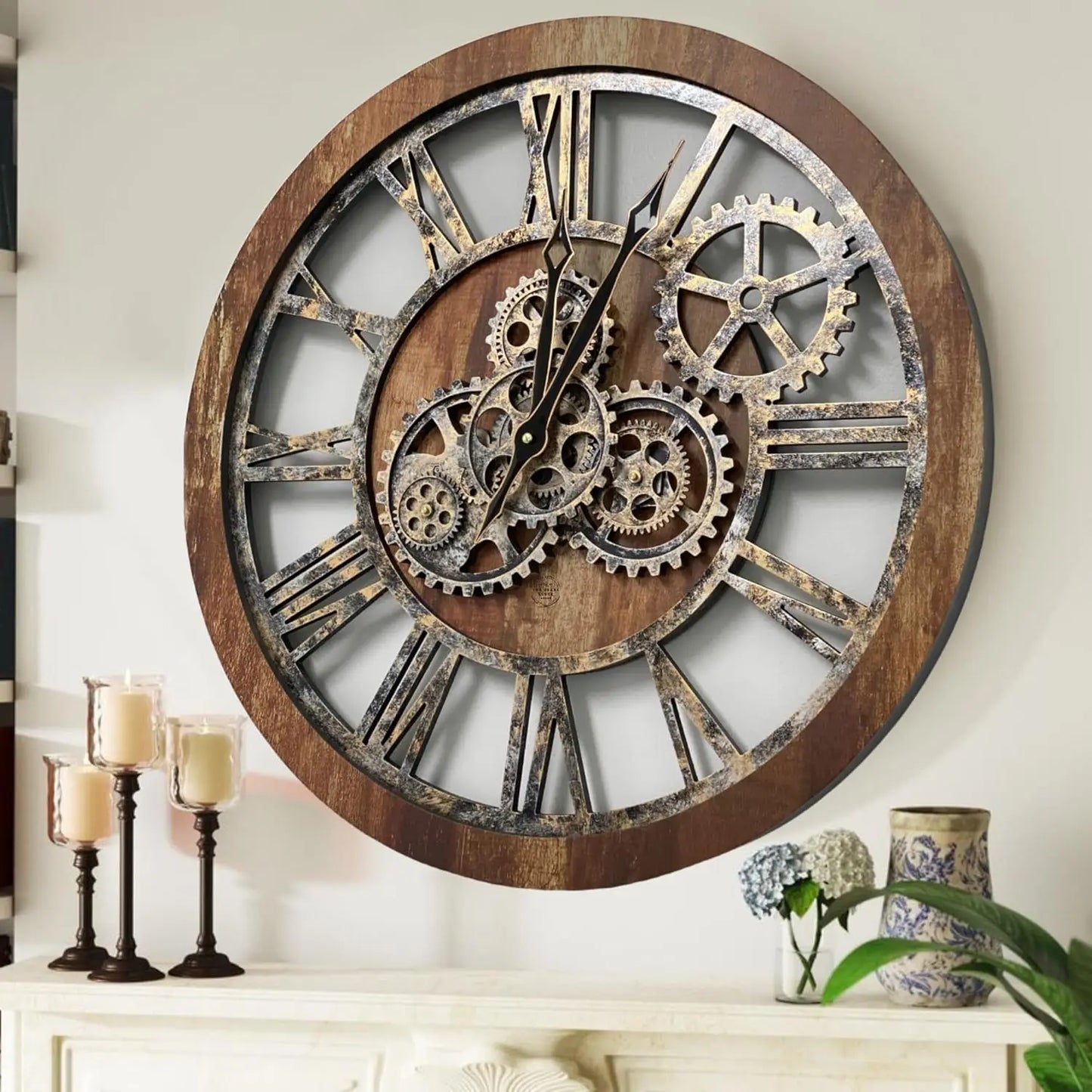 Real Moving Gear Wall Clock Vintage Over sized Rustic Farmhouse