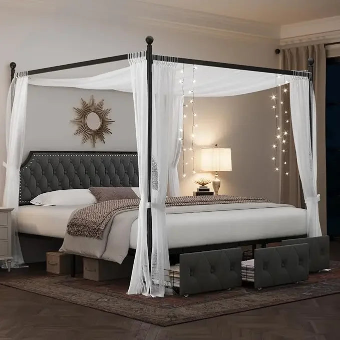 King Level Fabric Canopy Bed Frame with 3 Drawers and Button Stitched Headboard