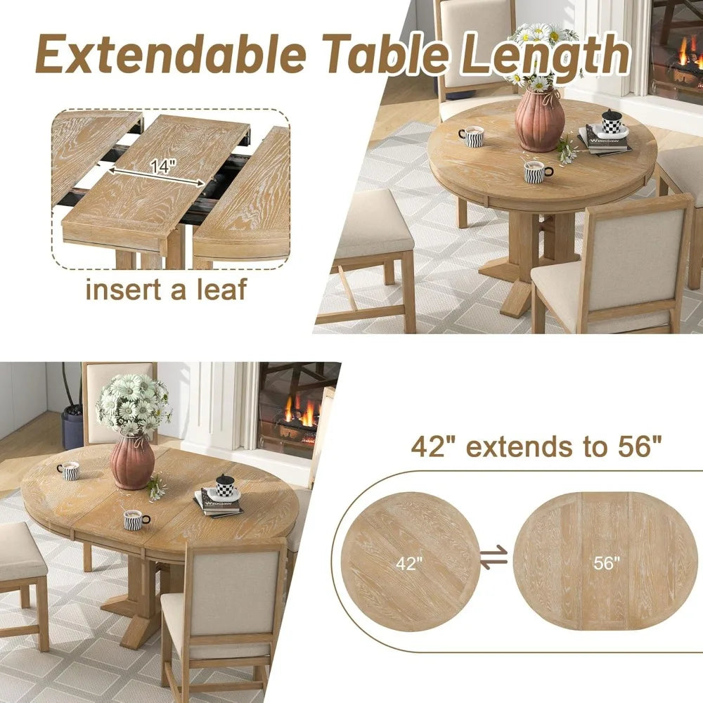 Farmhouse Round Extendable Dining Table with Removable Leaf