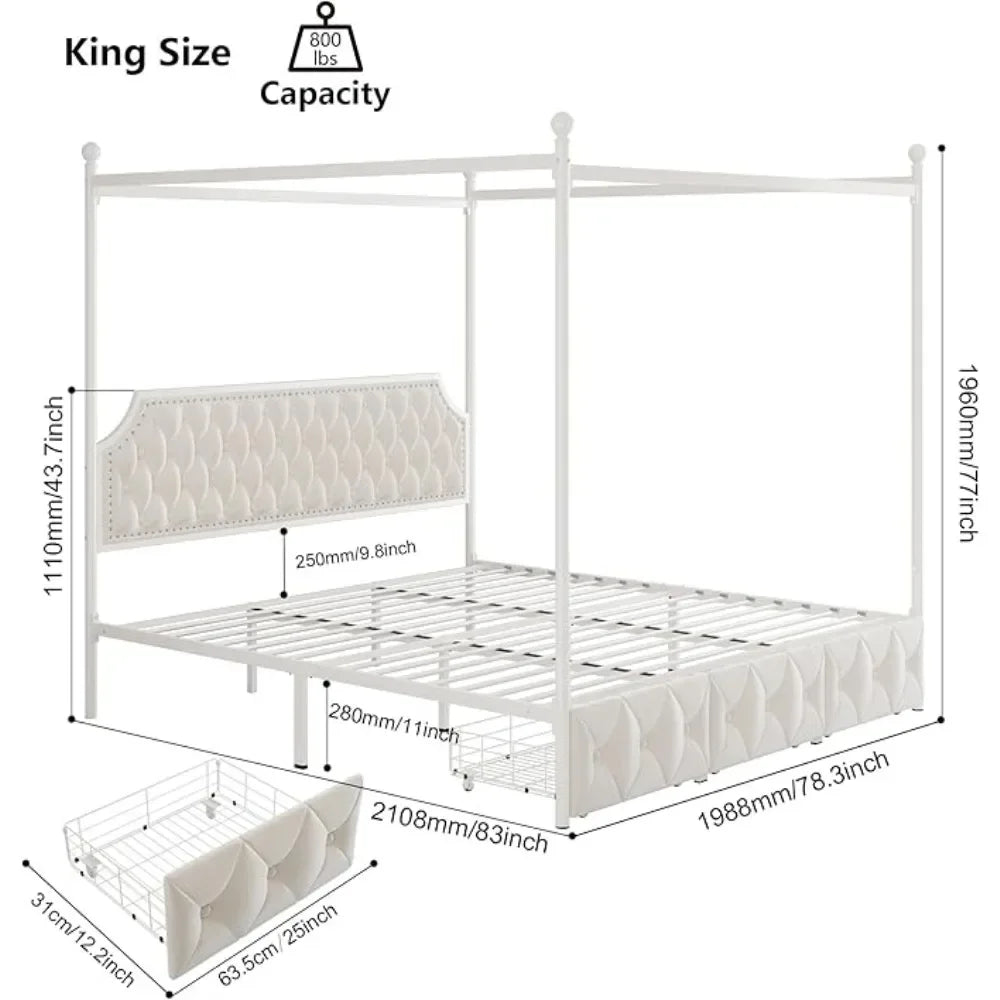 King Level Fabric Canopy Bed Frame with 3 Drawers and Button Stitched Headboard