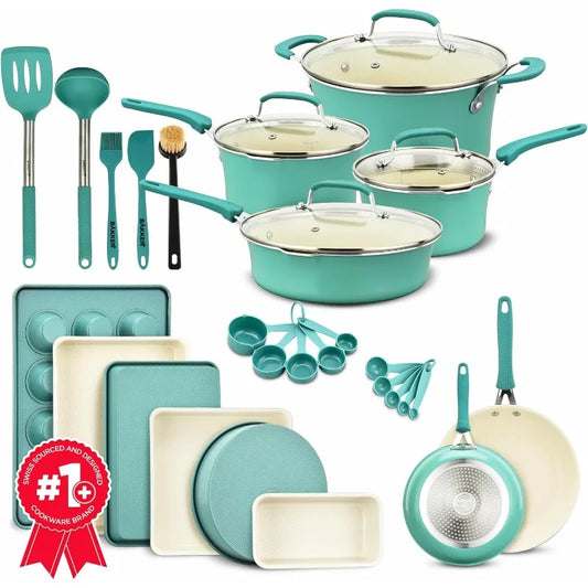 23 Piece–Green Multi-Sized Cooking Pots with Lids,Skillet Fry Pans and Bakeware