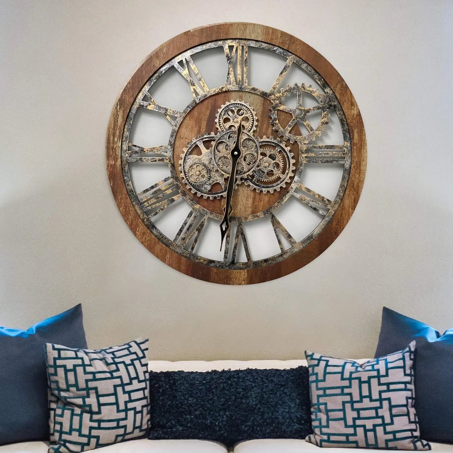 Real Moving Gear Wall Clock Vintage Over sized Rustic Farmhouse