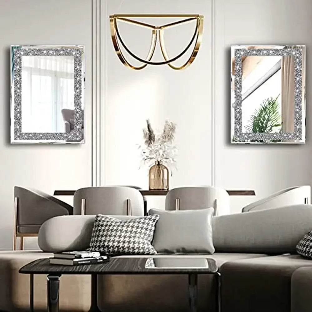 Crystal  Wall Mirrors Set Silver Crush Diamond Living Room 11”x15” Kit