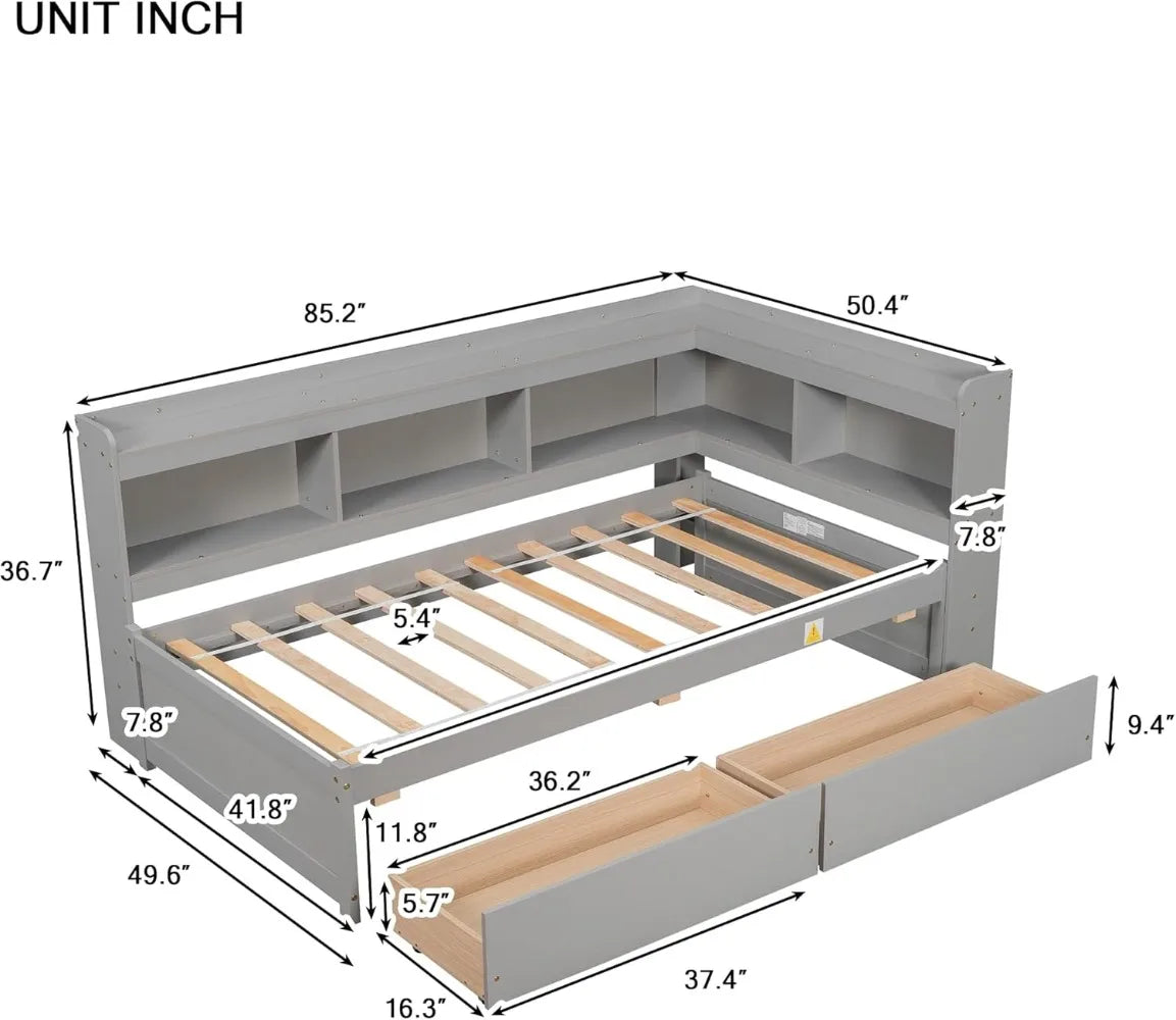 Twin Size Daybed with Bookcase Headboard & Drawers, Wood L-Shape