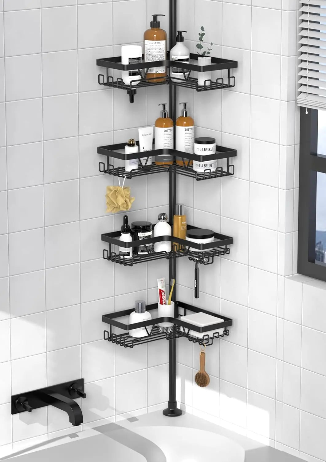 Angle Shower Caddie Tension Rod - Shower Tension Rod Organizer, Floor To Ceiling Shower Caddie 25-114.2 Inches