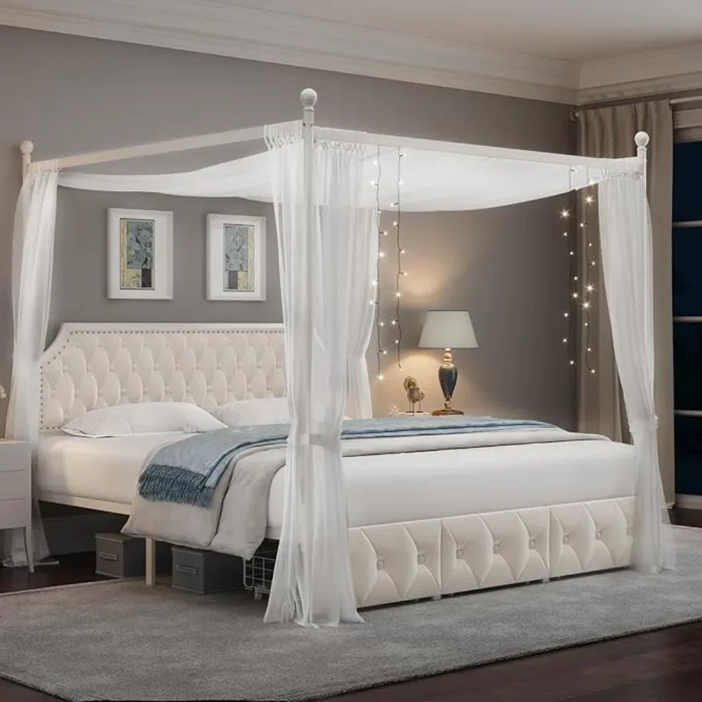 King Level Fabric Canopy Bed Frame with 3 Drawers and Button Stitched Headboard