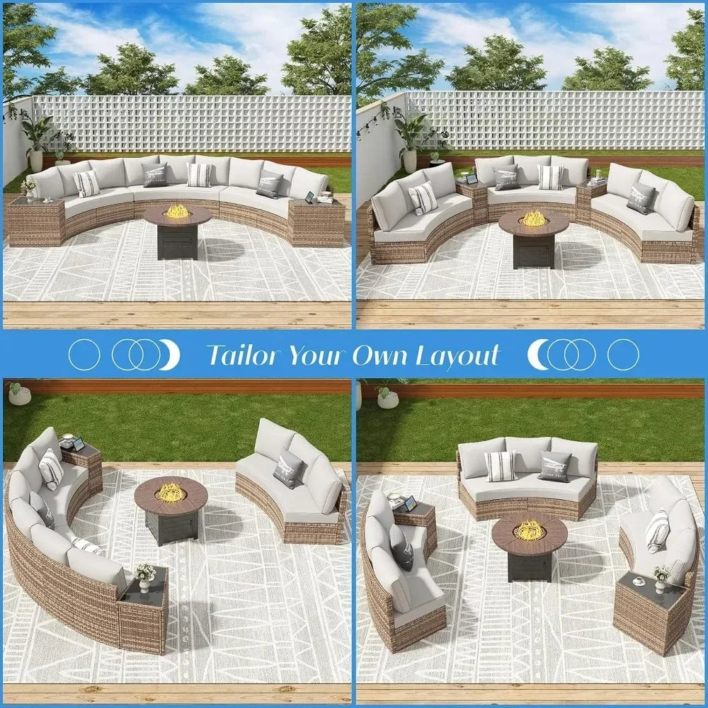 Patio Furniture 11 Piece Half-Moon Sectional Round Sofa Set