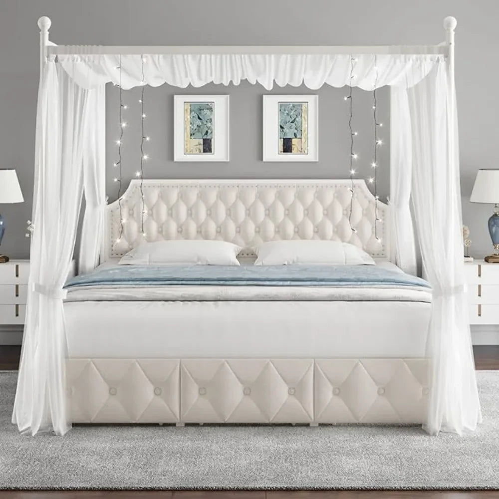 King Level Fabric Canopy Bed Frame with 3 Drawers and Button Stitched Headboard