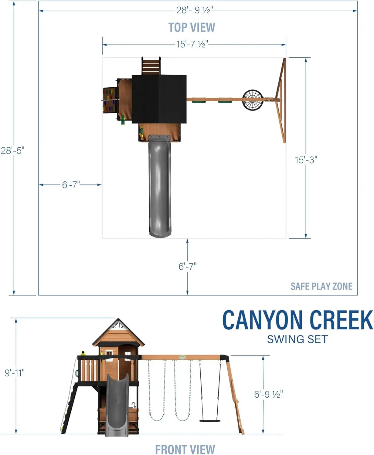 All Cedar Wood Swing Set w/Grey Wave Slide, Playhouse