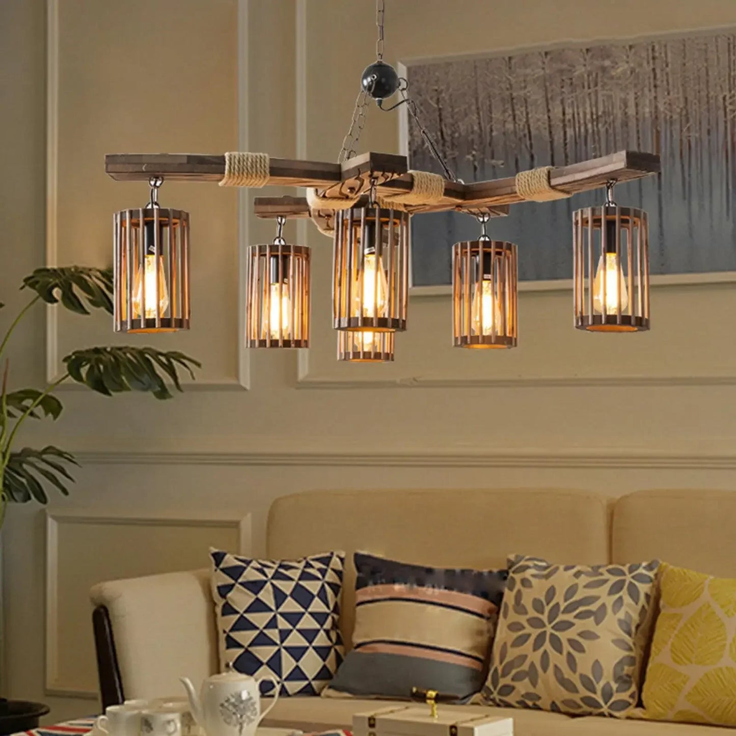 6 Light Retro Industrial Style Farmhouse Chandelier Ceiling Fixture Wood