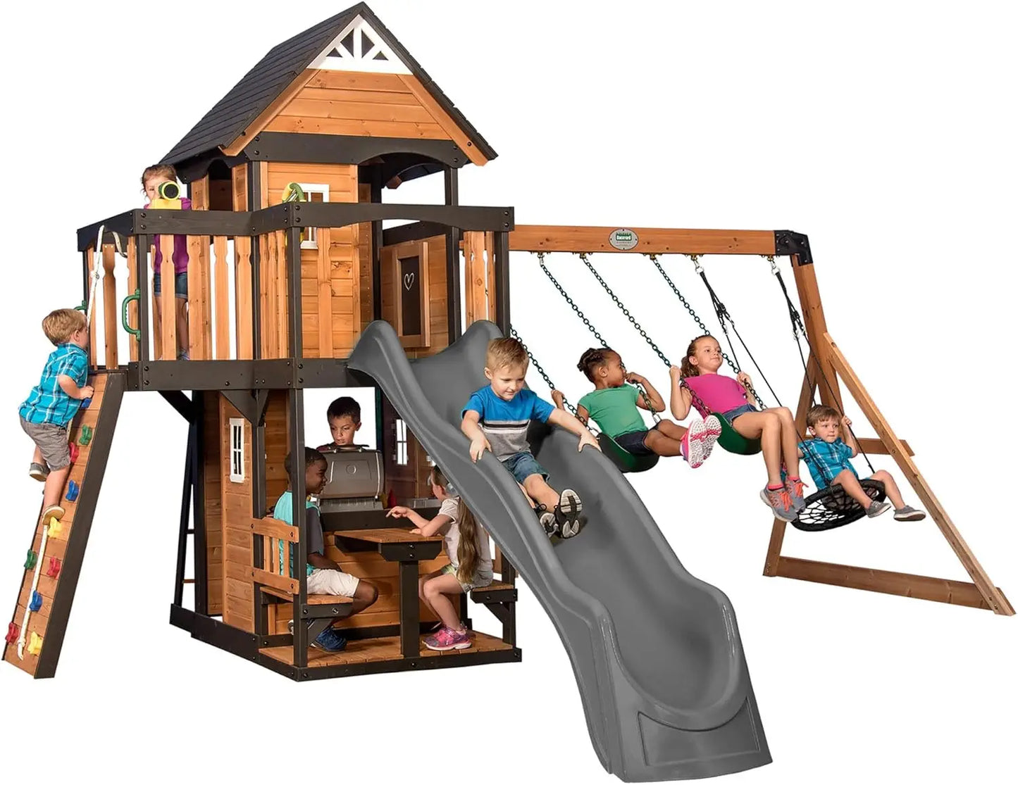 All Cedar Wood Swing Set w/Grey Wave Slide, Playhouse