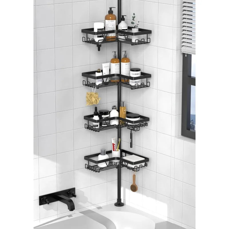 Angle Shower Caddie Tension Rod - Shower Tension Rod Organizer, Floor To Ceiling Shower Caddie 25-114.2 Inches