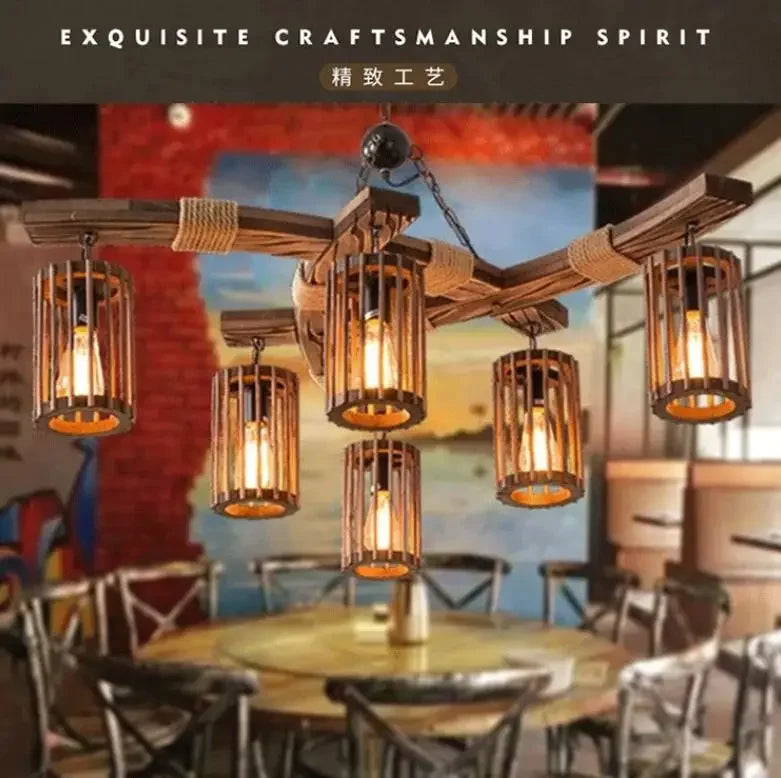 6 Light Retro Industrial Style Farmhouse Chandelier Ceiling Fixture Wood