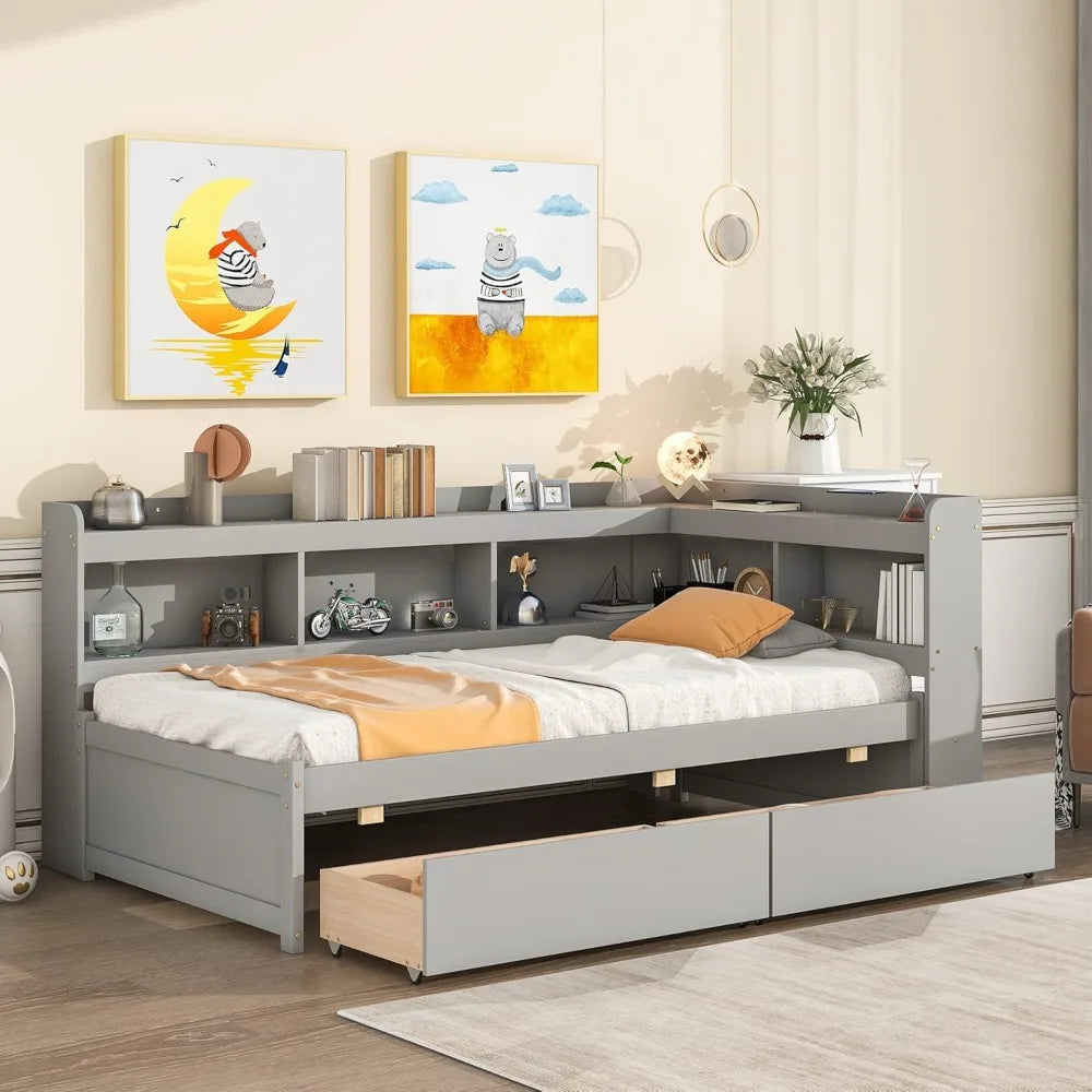 Twin Size Daybed with Bookcase Headboard & Drawers, Wood L-Shape