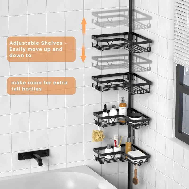 Angle Shower Caddie Tension Rod - Shower Tension Rod Organizer, Floor To Ceiling Shower Caddie 25-114.2 Inches