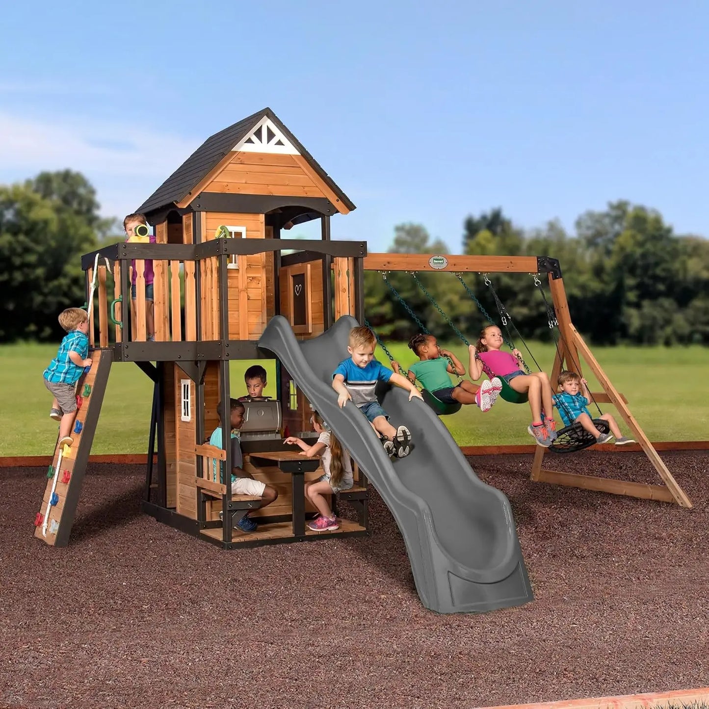 All Cedar Wood Swing Set w/Grey Wave Slide, Playhouse